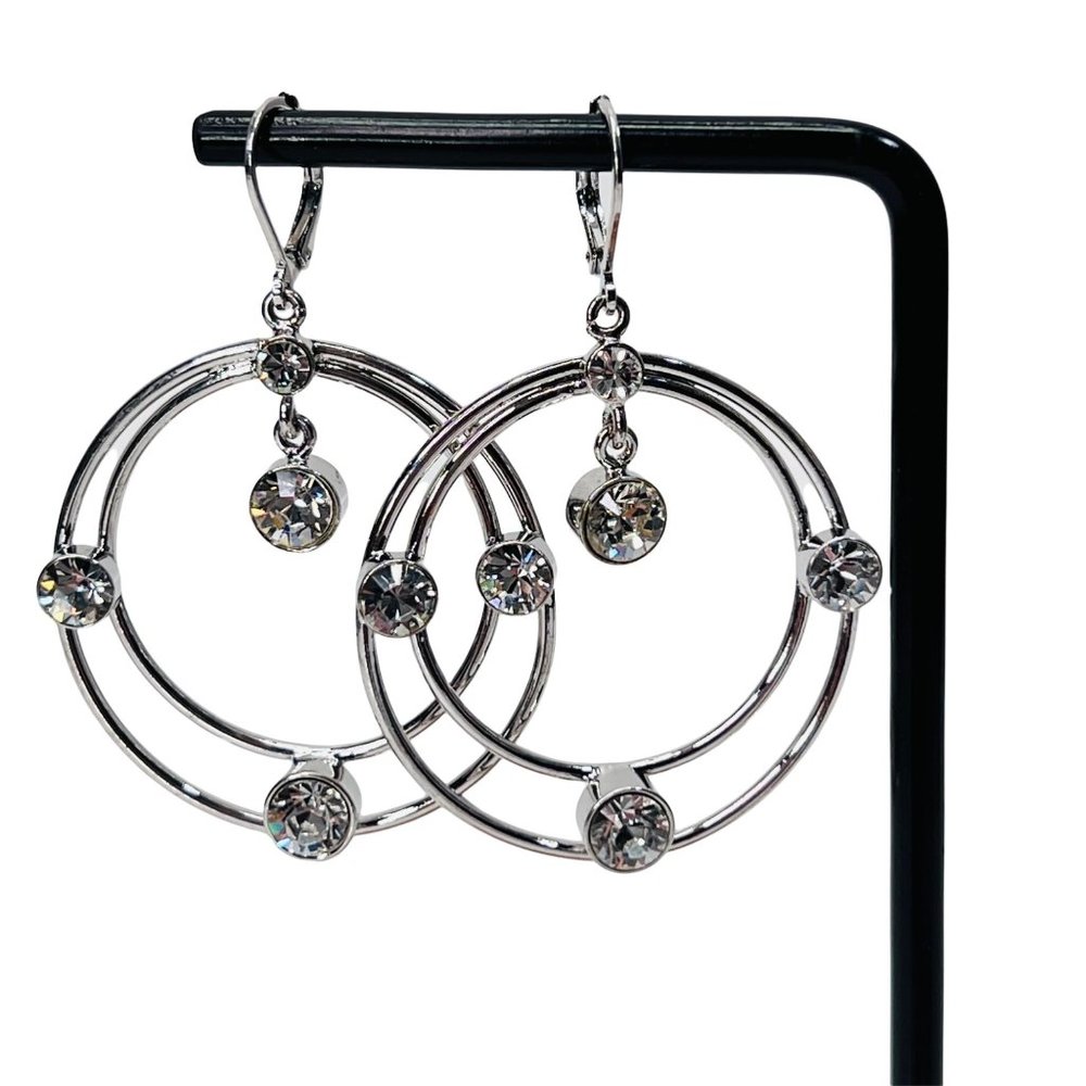 Rhinestone Silver Dangle Hoop Statement Earrings … - image 1